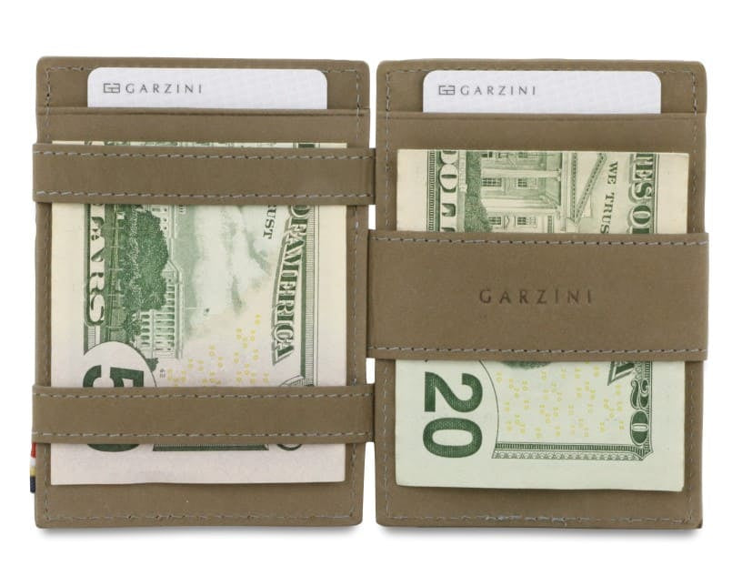 Front and open view of Cavare Magic Coin Wallet Card Sleeve in Metal Grey with pull tab, coin pocket, and money straps.