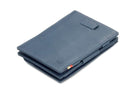 Front view of Cavare Magic Coin Wallet Card Sleeve Nappa in Navy Blue with pull tab.