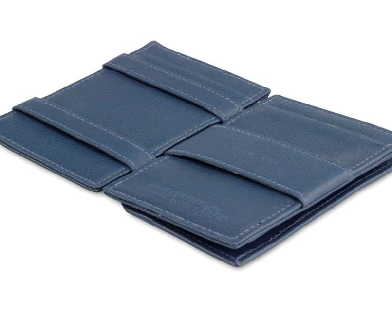 Open Cavare Magic Coin Wallet Card Sleeve Nappa  in Navy Blue with pull tab, back coin pocket, and money straps.