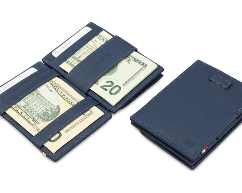 Front and open view of Cavare Magic Coin Wallet Card Sleeve in Navy Blue with pull tab, coin pocket, and money straps.