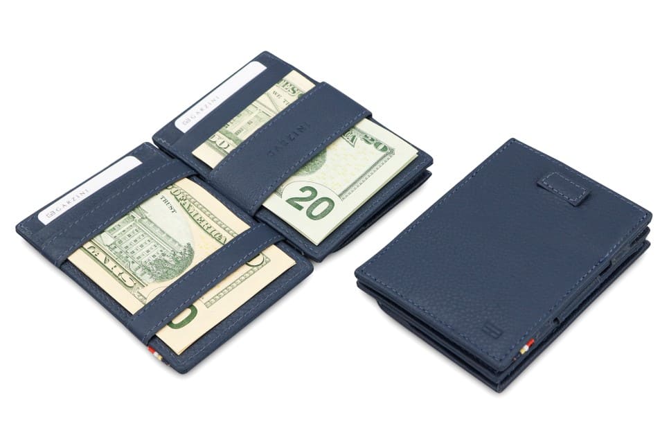 Front and open view of Cavare Magic Coin Wallet Card Sleeve in Navy Blue with pull tab, coin pocket, and money straps.