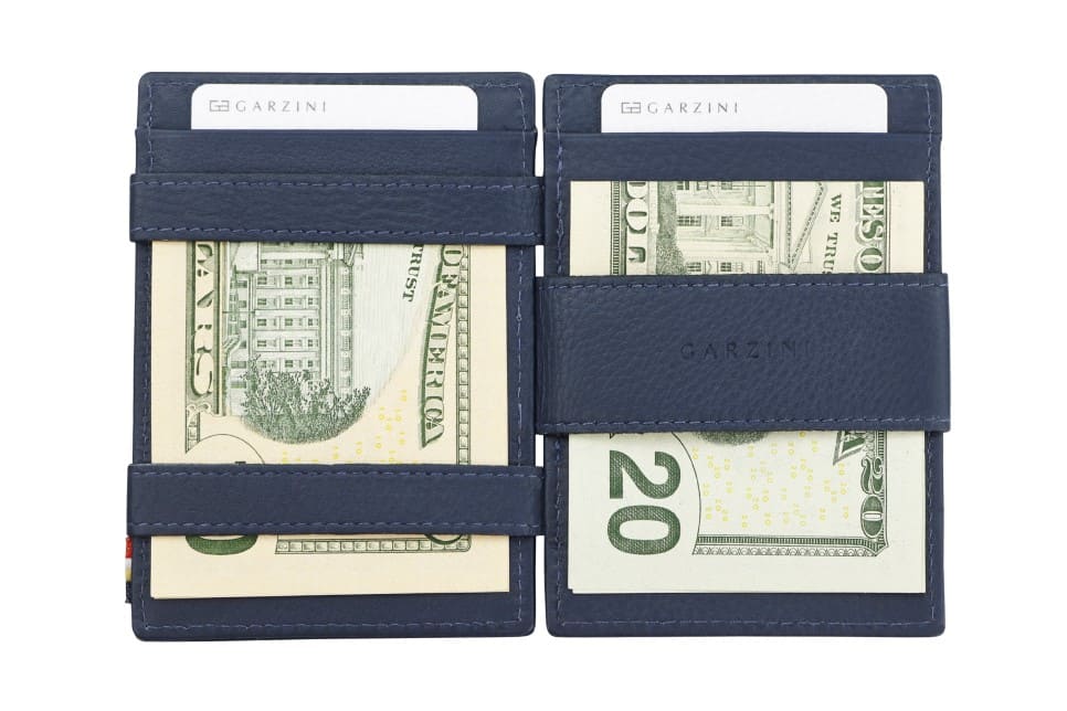 Open view of Cavare Magic Coin Wallet Card Sleeve Nappa  in Navy Blue with money inside.
