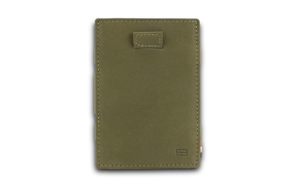 Front view of Cavare Magic Coin Wallet Card Sleeve Vintage in Olive Green.