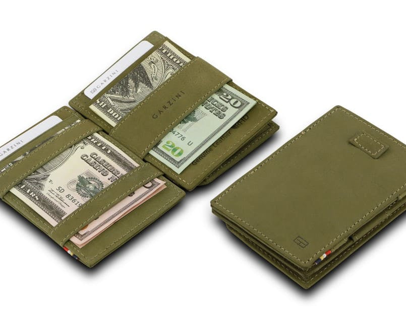 Front and open view of Cavare Magic Coin Wallet Card Sleeve in Olive Green with pull tab, coin pocket, and money straps.
