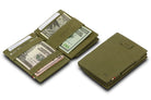 Front and open view of Cavare Magic Coin Wallet Card Sleeve in Olive Green with pull tab, coin pocket, and money straps.