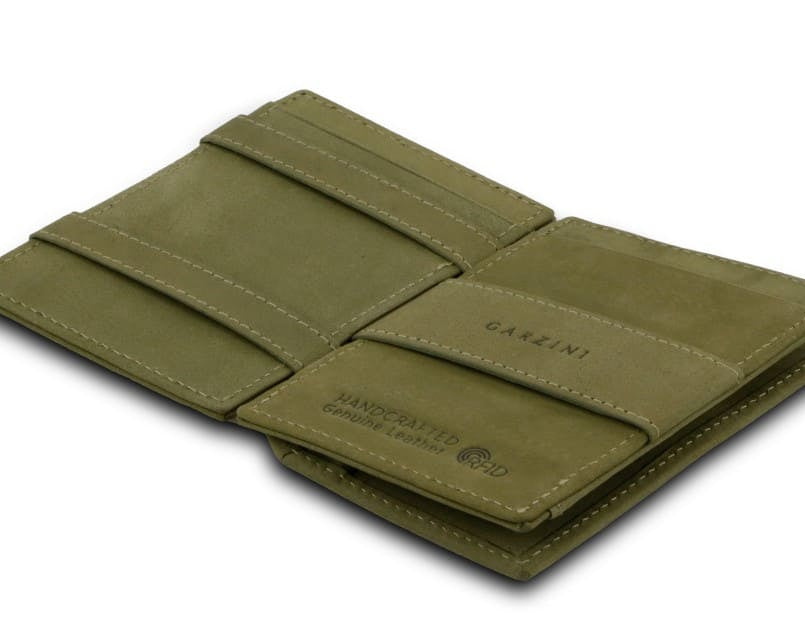 Open Cavare Magic Coin Wallet Card Sleeve Vintage  in Olive Green with pull tab, back coin pocket, and money straps.