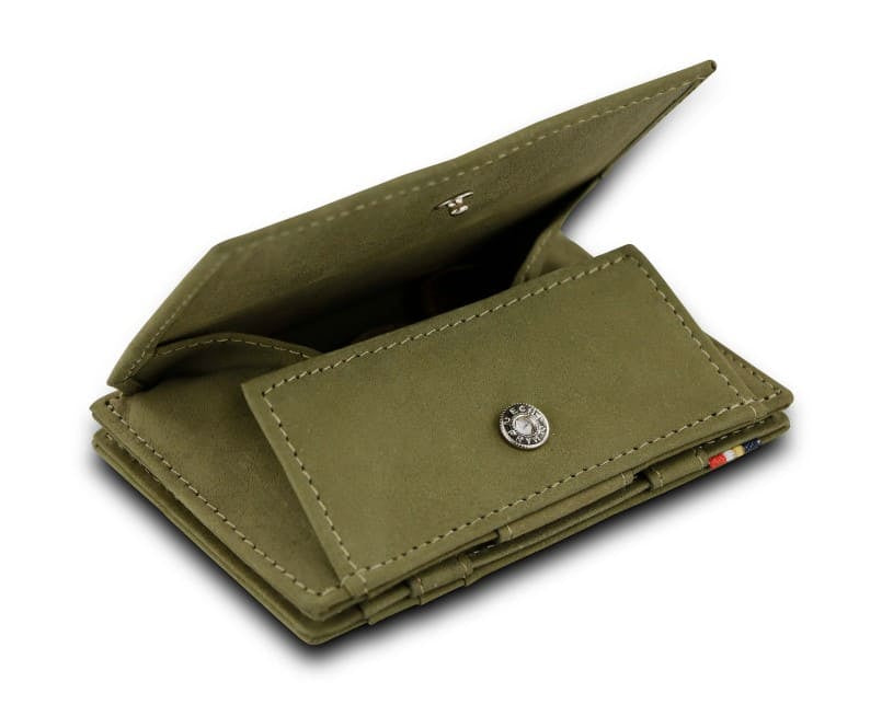 Open view of Cavare Magic Coin Wallet Card Sleeve Vintage  in Olive Green with money inside.