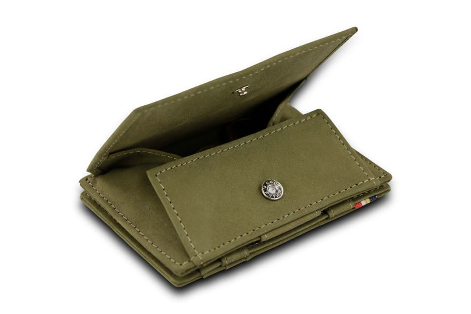 Open view of Cavare Magic Coin Wallet Card Sleeve Vintage  in Olive Green with money inside.