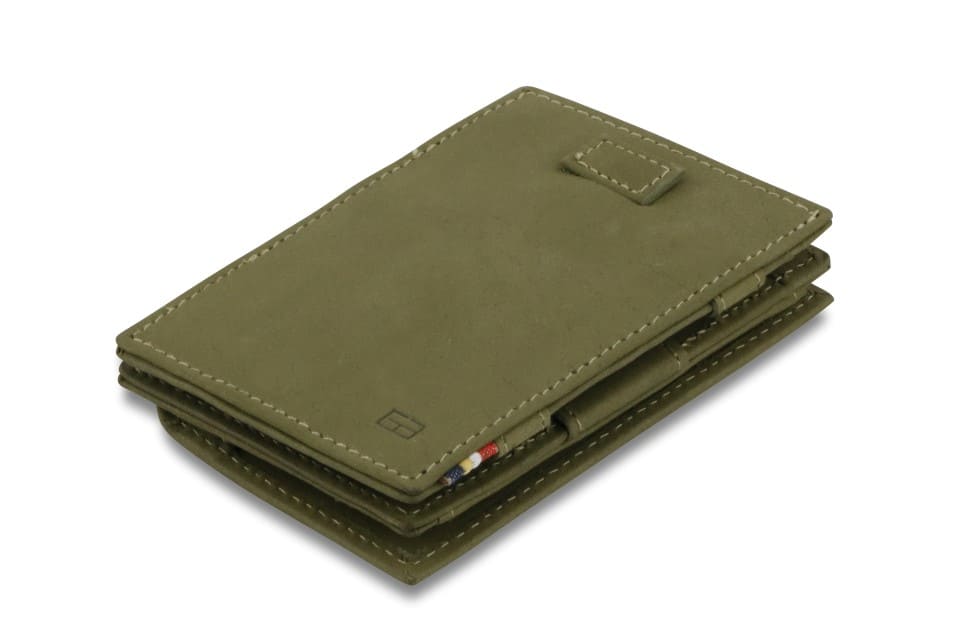 Front view of Cavare Magic Coin Wallet Card Sleeve Vintage in Olive Green with pull tab.
