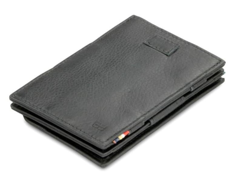 Front view of Cavare Magic Coin Wallet Card Sleeve Nappa in Raven Black with pull tab.