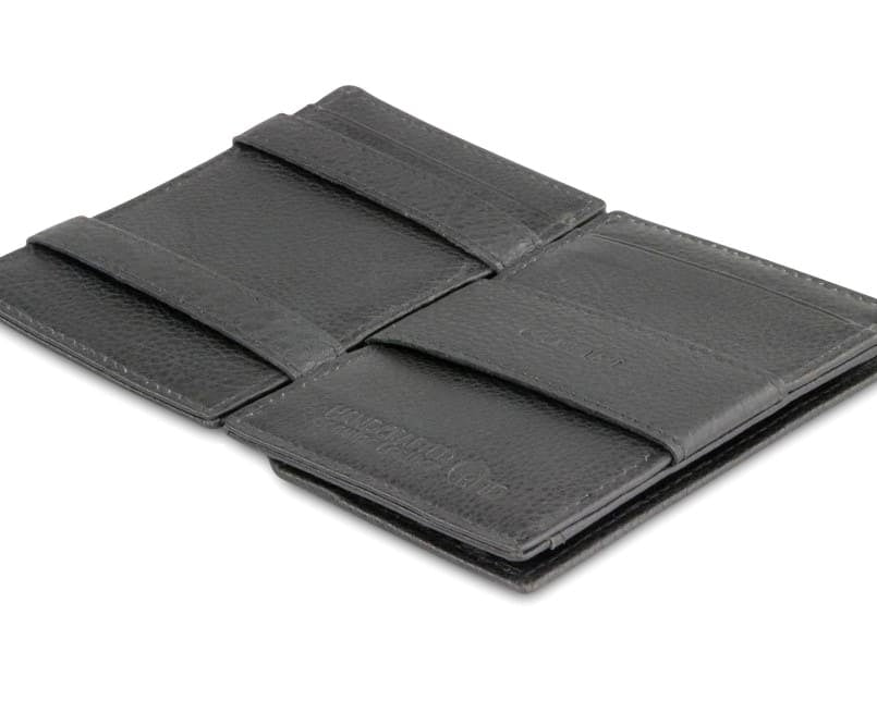 Open Cavare Magic Coin Wallet Card Sleeve Nappa  in Raven Black with pull tab, back coin pocket, and money straps.