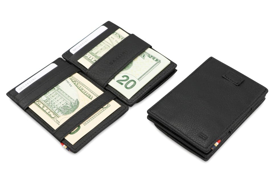 Front and open view of Cavare Magic Coin Wallet Card Sleeve in Raven Black with pull tab, coin pocket, and money straps.