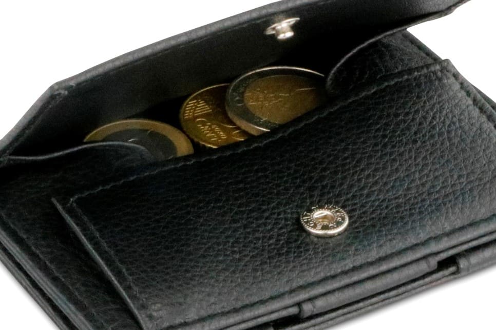 Back view of Cavare Magic Coin Wallet Card Sleeve Nappa in Raven Black with open coin pocket.