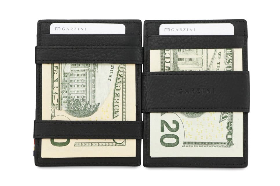 Open view of Cavare Magic Coin Wallet Card Sleeve Nappa  in Raven Black with money inside.