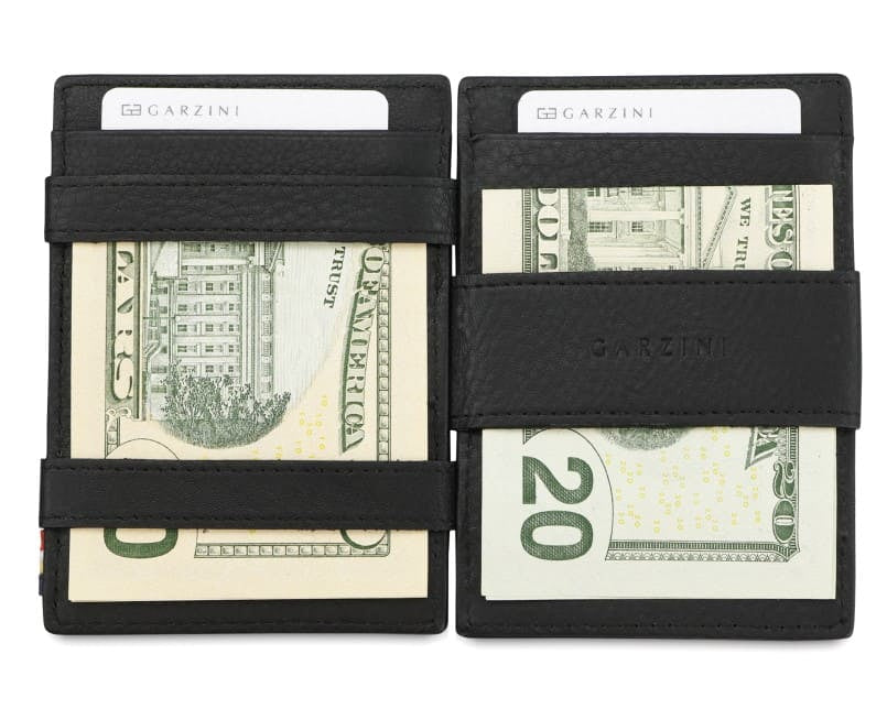 Open view of Cavare Magic Coin Wallet Card Sleeve Nappa  in Raven Black with money inside.
