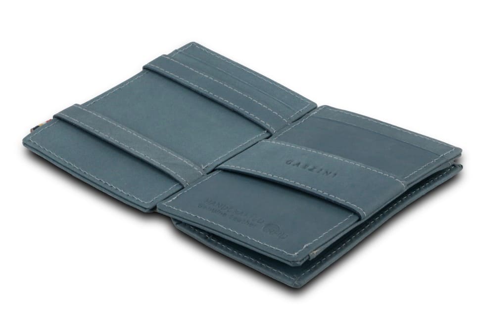 Open Cavare Magic Coin Wallet Card Sleeve Vintage  in Sapphire Blue with pull tab, back coin pocket, and money straps.