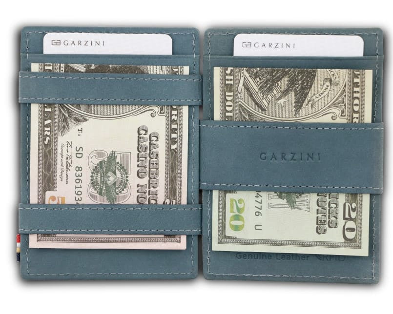 Open view of Cavare Magic Coin Wallet Card Sleeve Vintage  in Sapphire Blue with money inside.