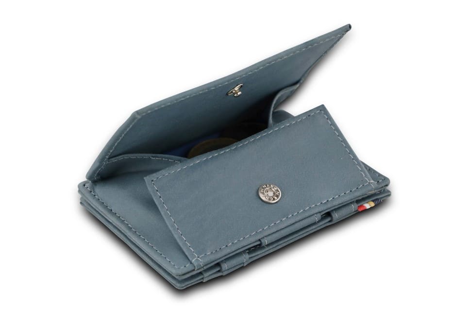 Back view of Cavare Magic Coin Wallet Card Sleeve Vintage in Sapphire Blue with open coin pocket.