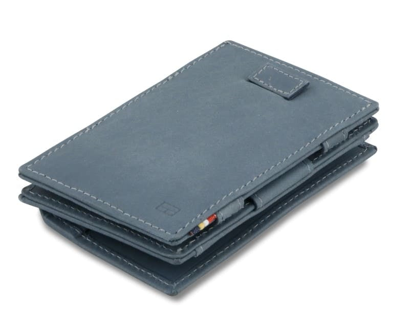 Front view of Cavare Magic Coin Wallet Card Sleeve Vintage in Sapphire Blue with pull tab.