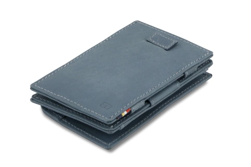 Front view of Cavare Magic Coin Wallet Card Sleeve Vintage in Sapphire Blue with pull tab.