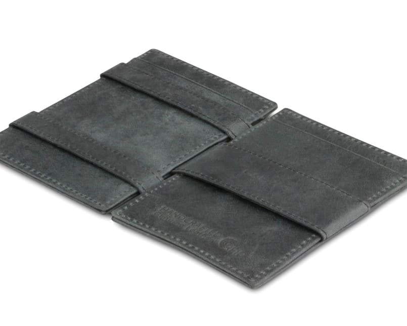 Open view of the Essenziale Magic Wallet Brushed in Brushed Black with the money strap to secure money.