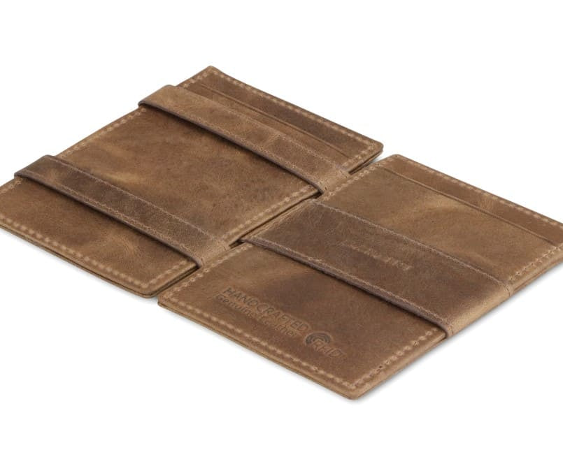 Open view of the Essenziale Magic Wallet Brushed in Brushed Brown with the money strap to secure money.