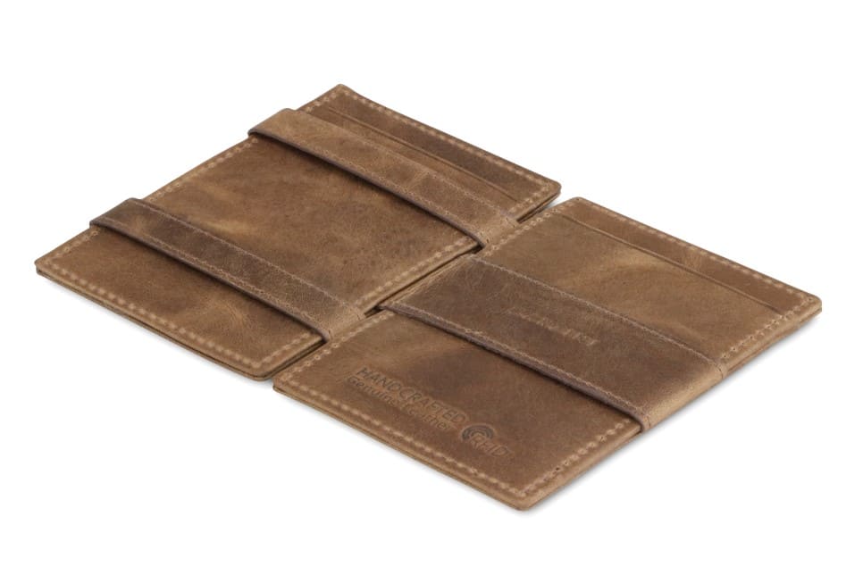 Open view of the Essenziale Magic Wallet Brushed in Brushed Brown with the money strap to secure money.