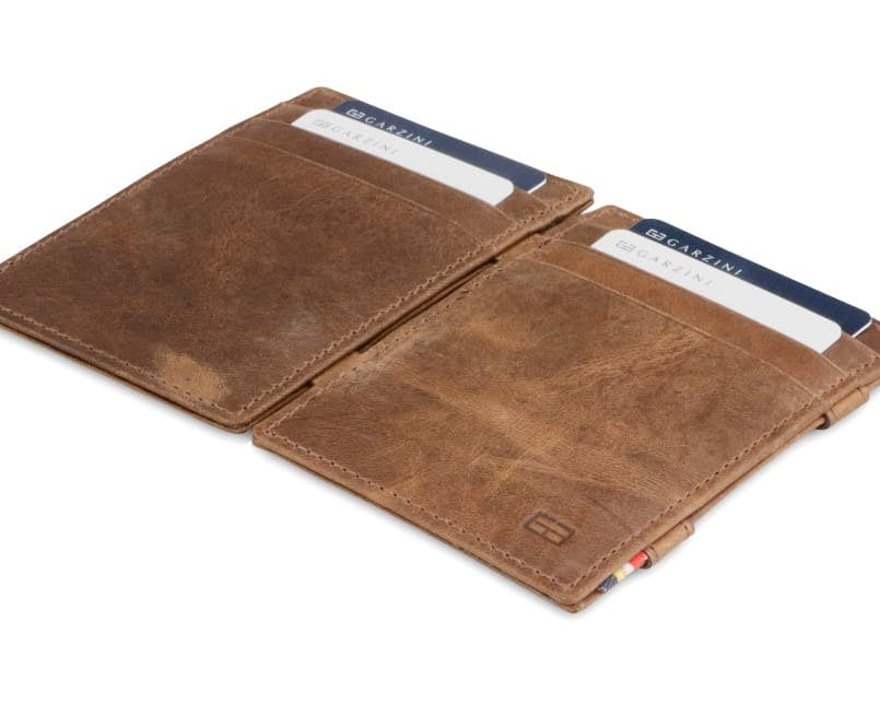 Front and back view of the Essenziale Magic Wallet Brushed in Brushed Brown with 3 front card slots and 2 cards on each side. 