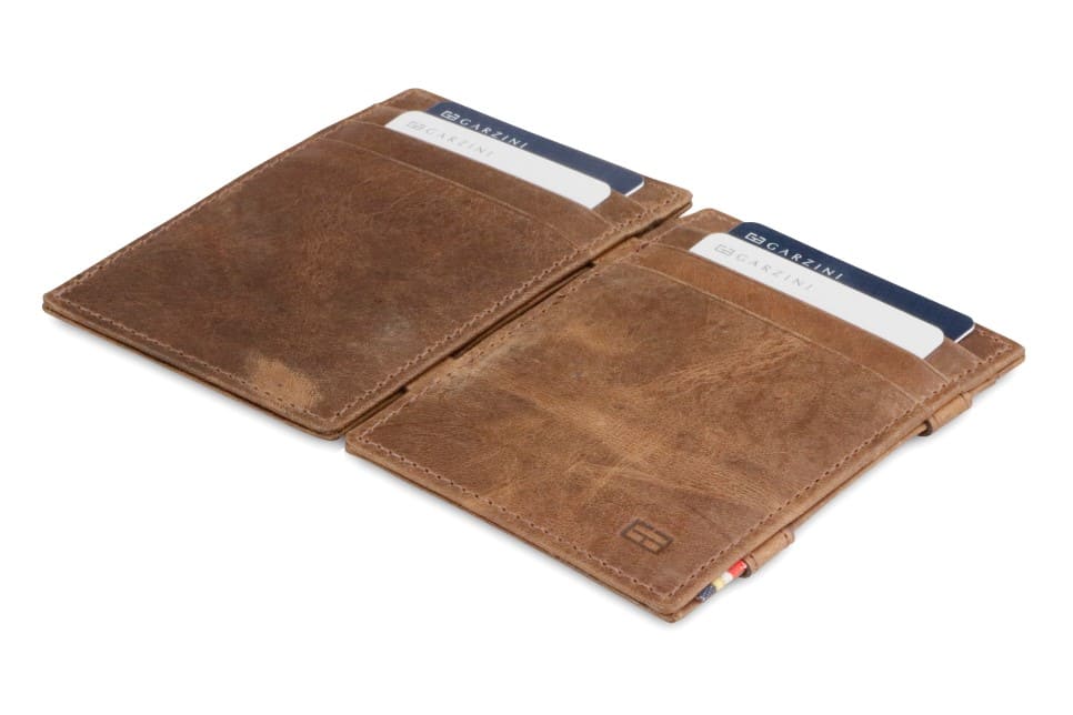 Front and back view of the Essenziale Magic Wallet Brushed in Brushed Brown with 3 front card slots and 2 cards on each side. 