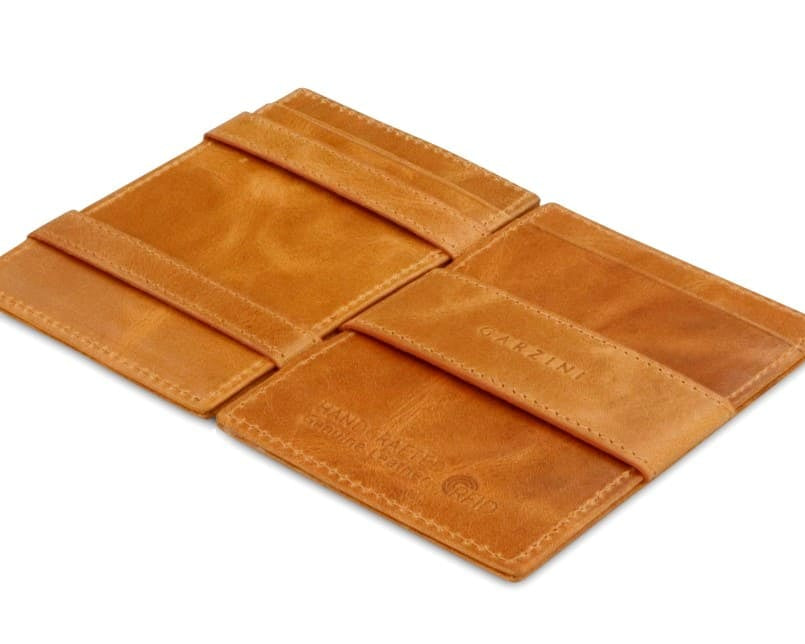 Open view of the Essenziale Magic Wallet Brushed in Brushed Cognac with the money strap to secure money.