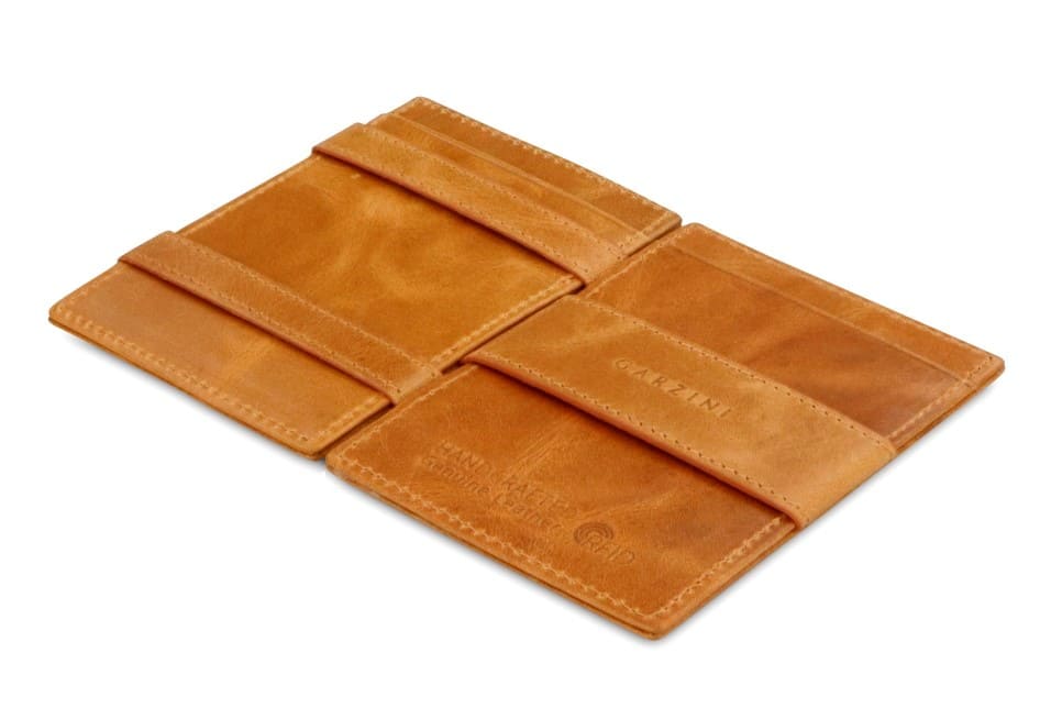 Open view of the Essenziale Magic Wallet Brushed in Brushed Cognac with the money strap to secure money.