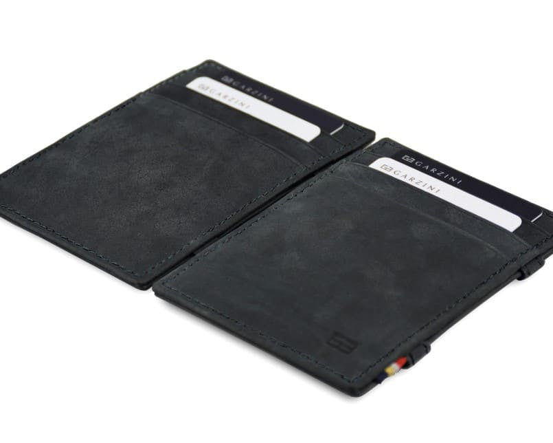 Front and back view of the Essenziale Magic Wallet Vintage in Carbon Black with 3 front card slots and 2 cards on each side.