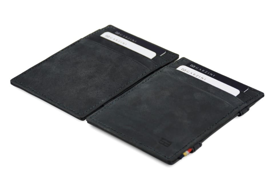 Front and back view of the Essenziale Magic Wallet Vintage in Carbon Black with 3 front card slots and 2 cards on each side.