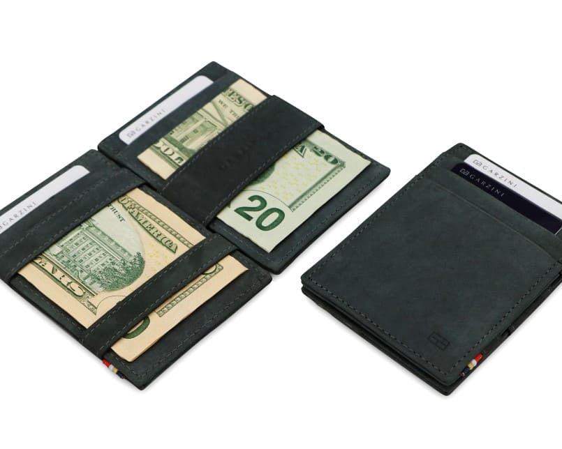 open view of the essenziale magic wallet with money inside and closed front view