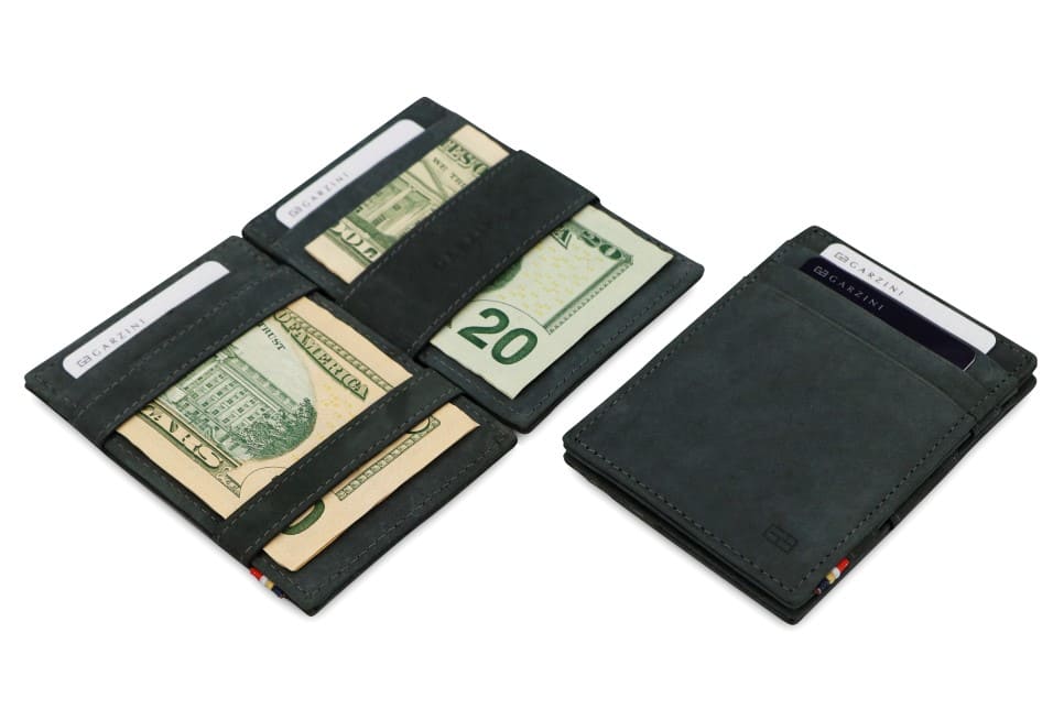 open view of the essenziale magic wallet with money inside and closed front view