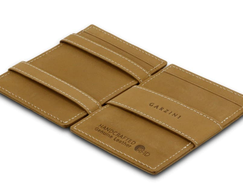Open view of the Essenziale Magic Wallet Vintage in Camel Brown with the money strap to secure money.