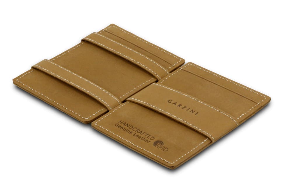 Open view of the Essenziale Magic Wallet Vintage in Camel Brown with the money strap to secure money.