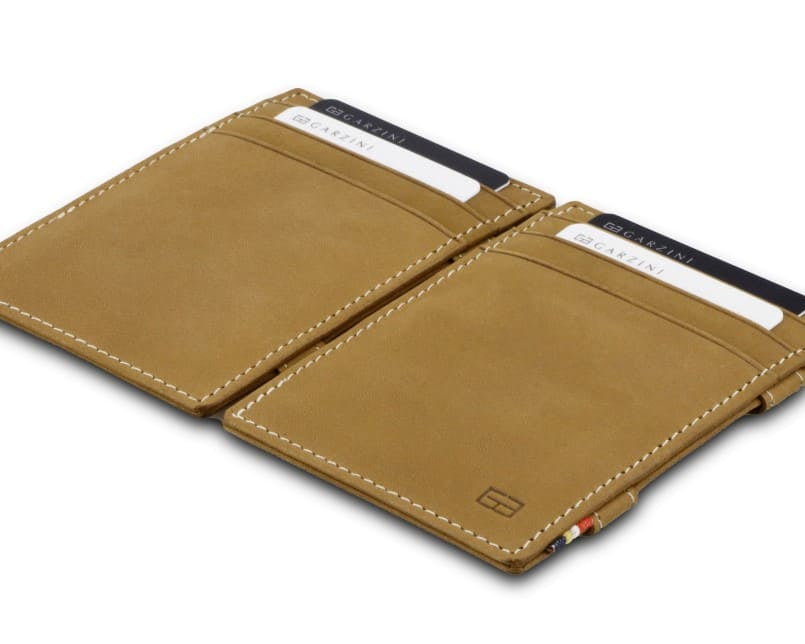Front and back view of the Essenziale Magic Wallet Vintage in Camel Brown with 3 front card slots and 2 cards on each side. 