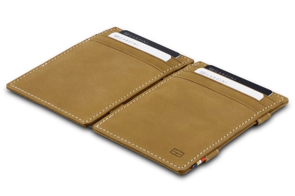 Front and back view of the Essenziale Magic Wallet Vintage in Camel Brown with 3 front card slots and 2 cards on each side. 
