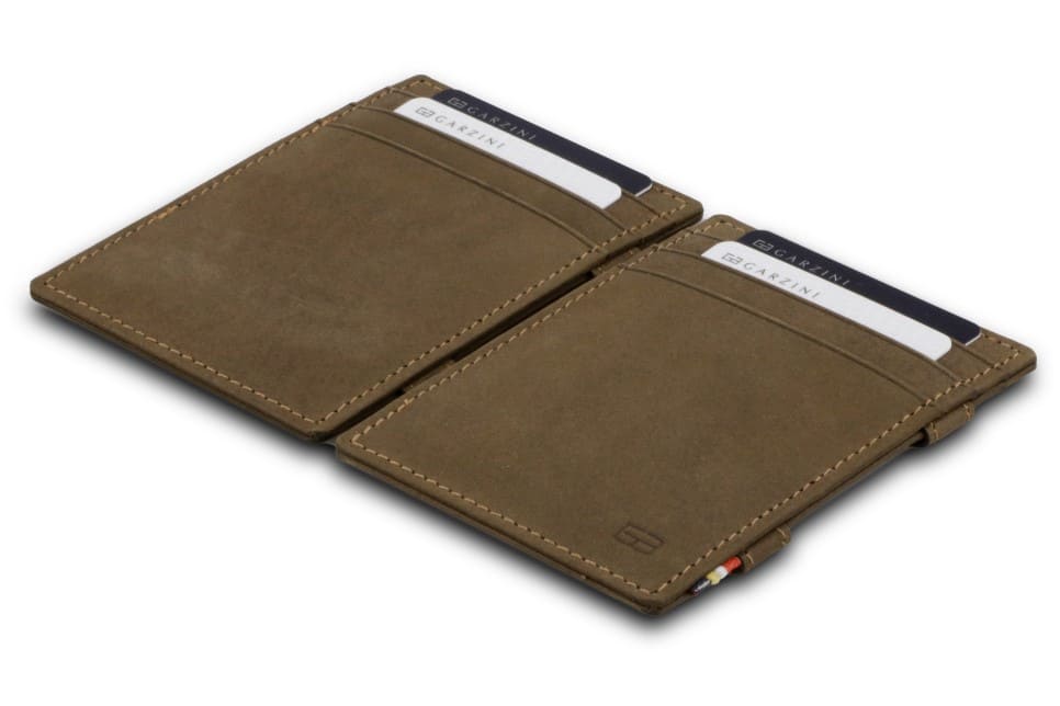 Front and back view of the Essenziale Magic Wallet Vintage in Java Brown with 3 front card slots and 2 cards on each side. 