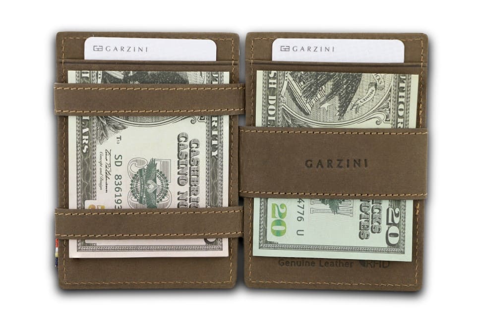 Open view of Essenziale Magic Wallet Vintage in Java Brown with money inside.