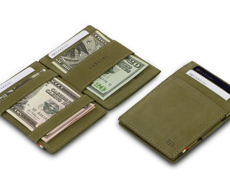 Front and open view of Essenziale Magic Wallet Vintage in Olive Green with pull tab, coin pocket, and money straps.