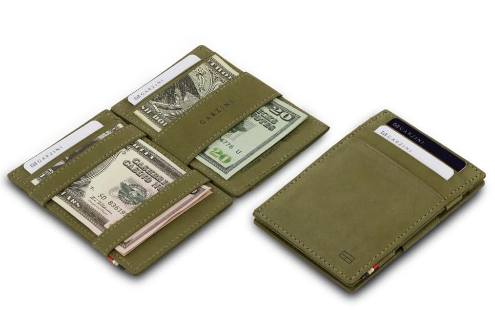 Front and open view of Essenziale Magic Wallet Vintage in Olive Green with pull tab, coin pocket, and money straps.