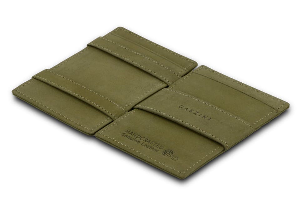 Open view of the Essenziale Magic Wallet Vintage in Olive Green with the money strap to secure money.