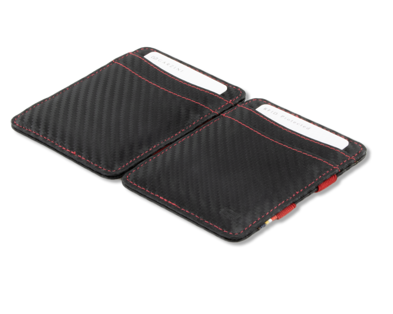 Front and back view of the Urban  Magic Wallet in Carbon-Red.