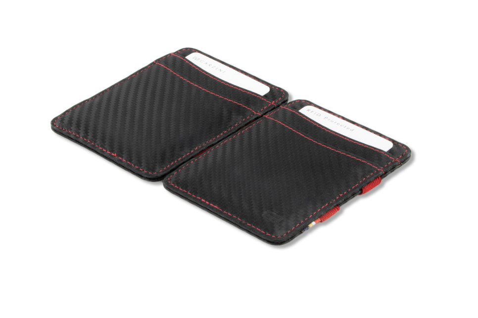 Front and back view of the Urban  Magic Wallet in Carbon-Red.