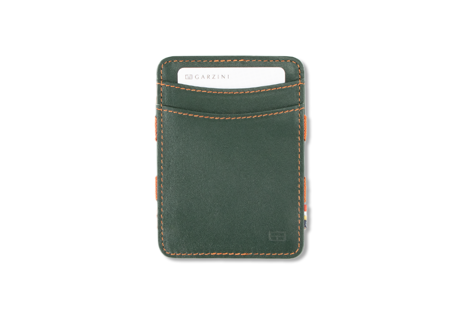 Front view with card of the Urban  Magic Wallet in Green-Orange.