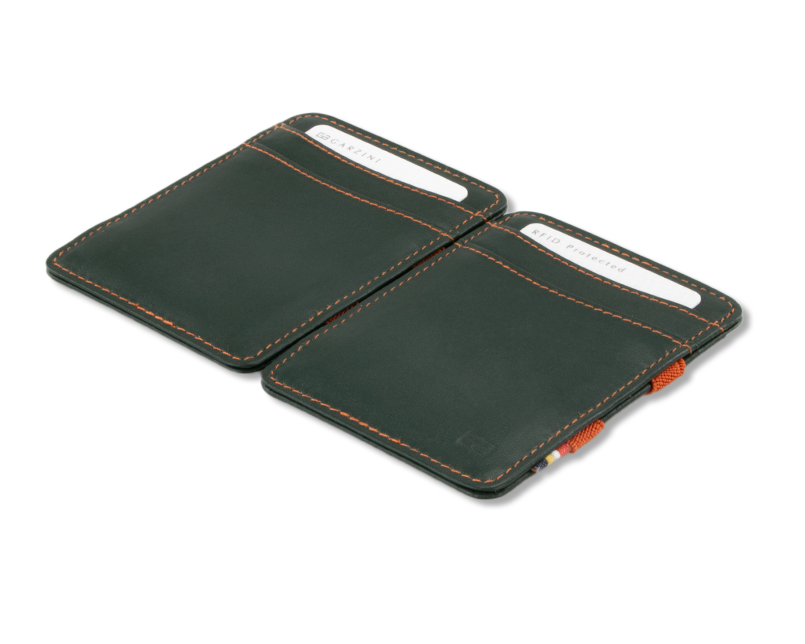 Front and back view of the Urban  Magic Wallet in Green-Orange.