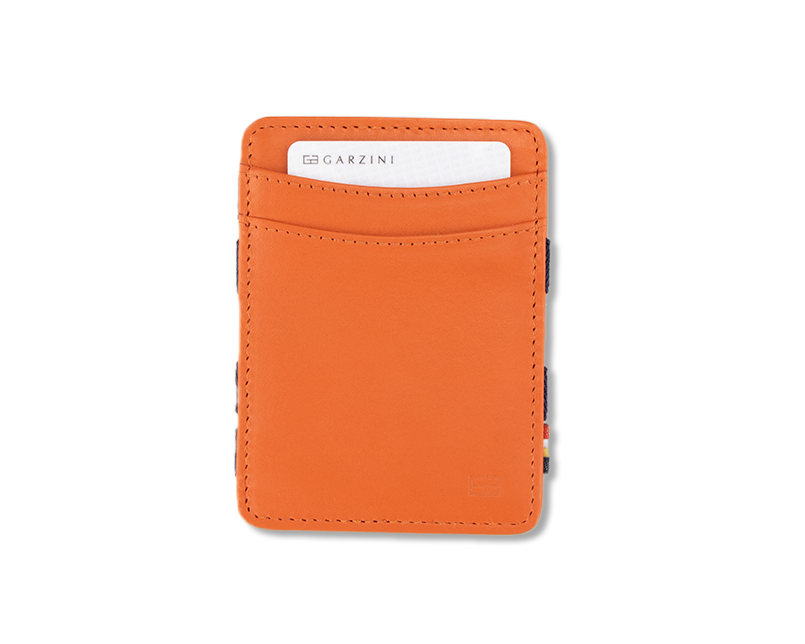 Front view with card of the Urban  Magic Wallet in Orange-Blue.
