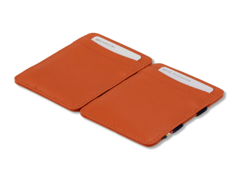 Front and back view of the Urban  Magic Wallet in Orange-Blue.